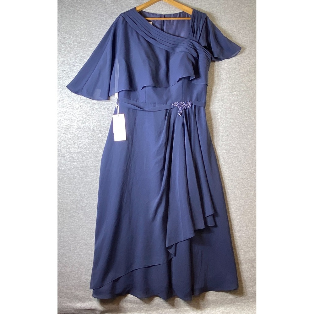 JJ's House Stormy Blue Chiffon Formal Gala Mother Beaded Midi Dress Size 14 NWT